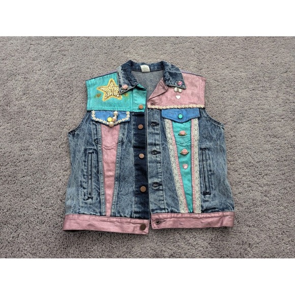 Jackets & Blazers - Vintage Congo Trader Denim Jacket Womens 38 Blue Button‎ Beaded Punk Inspired